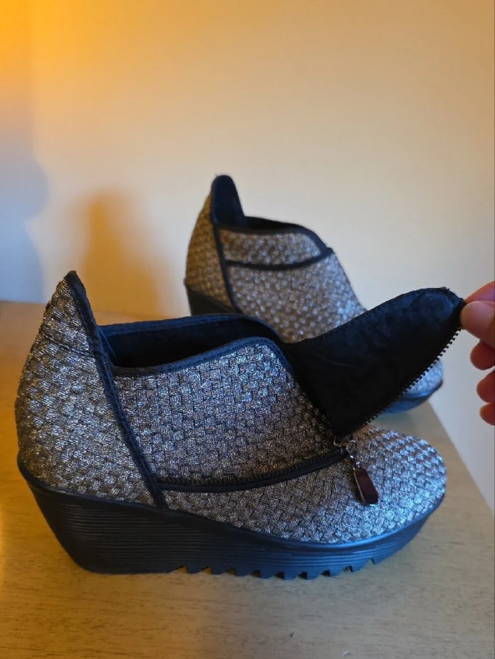 bernie mev. Metallic Woven Wedge Slip-On in Gold and Black